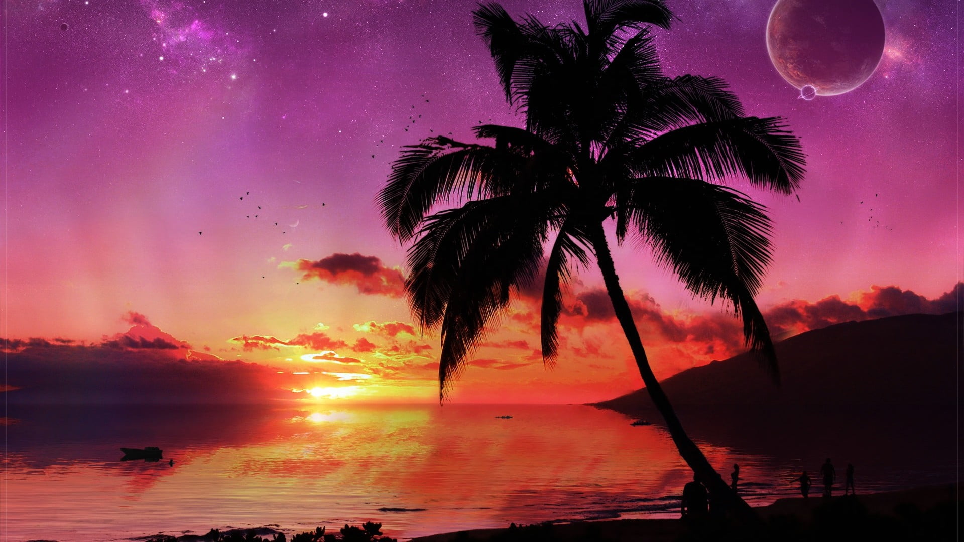 silhouette of coconut tree during golden hour painting, sunset, beach, digital art, space art