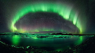 aurora borealis photography of body of water, aurorae, landscape, stars, nature