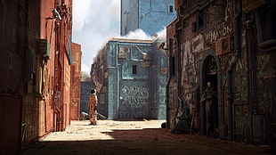brown concrete building, cyberpunk, astronaut, androids, graffiti HD wallpaper