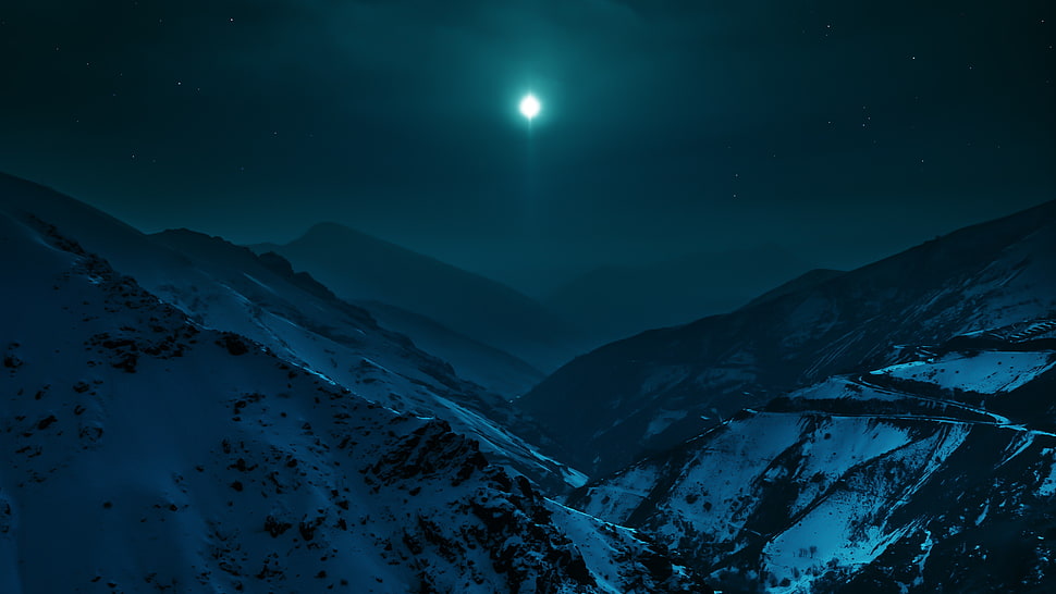 mountain range under night skies and full moon HD wallpaper