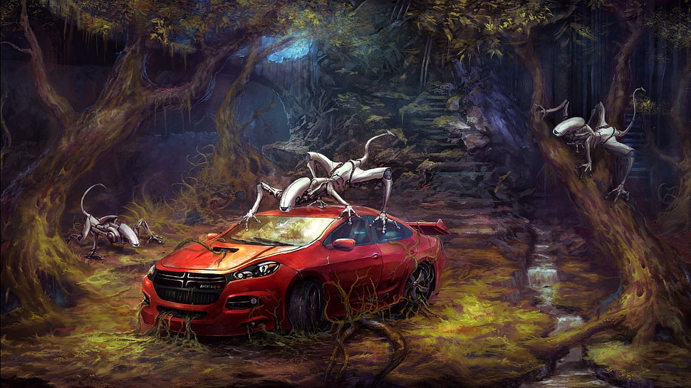 red sedan, robot, car HD wallpaper