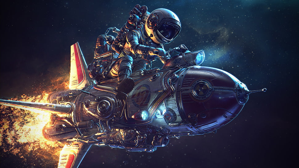 astronaut riding space shuttle illustration, space, astronaut, rocket, drawing HD wallpaper