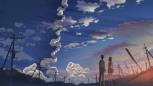 two anime characters digital illustration, 5 Centimeters Per Second, Makoto Shinkai , contrails, power lines