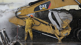 yellow Caterpillar excavator, excavators, construction vehicles, workers HD wallpaper
