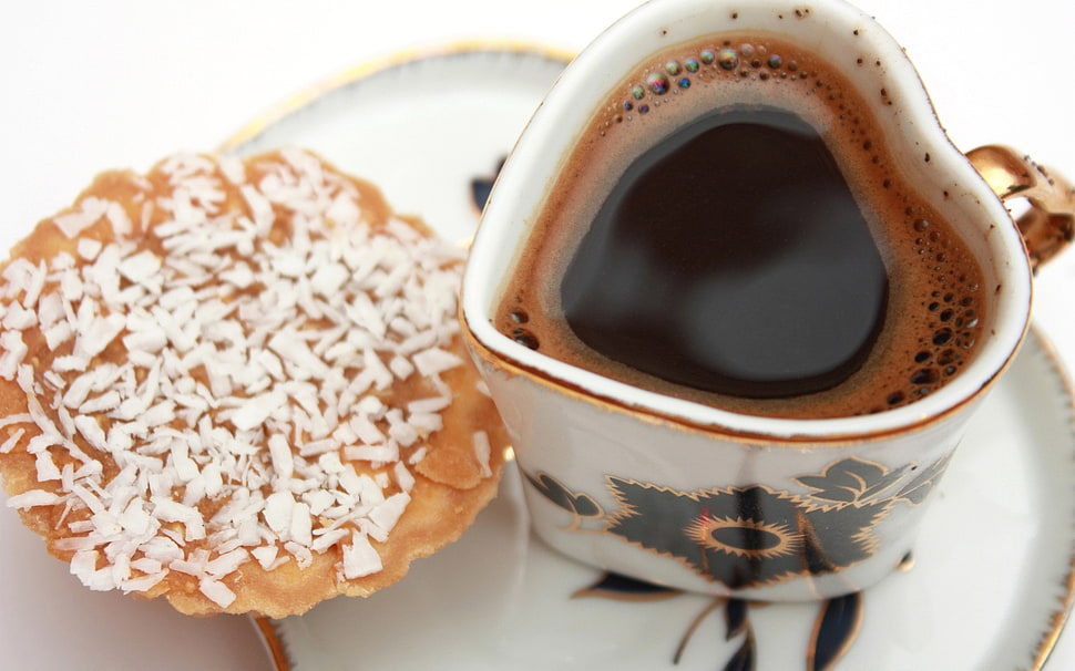 black coffee with baked biscuit serving on white and black ceramic plate HD wallpaper