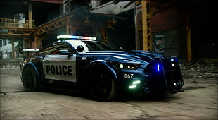 blue and white police car, police, car, Ford, Transformers