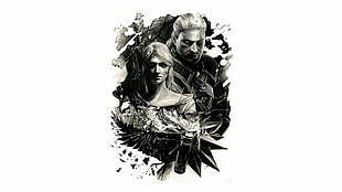 black and white flower painting, Ciri, Geralt of Rivia, The Witcher, The Witcher 3: Wild Hunt HD wallpaper