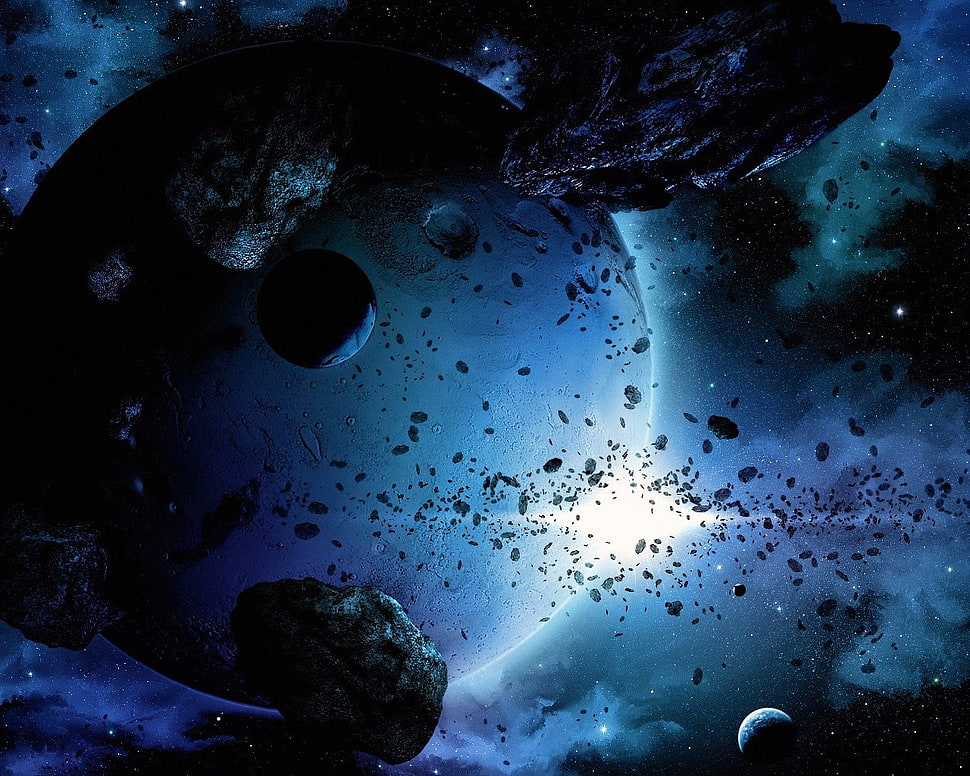 blue planet with asteroids digital wallpaper, space HD wallpaper