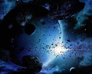 blue planet with asteroids digital wallpaper, space