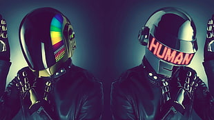 two fictional character wearing helmet photo, Daft Punk, helmet