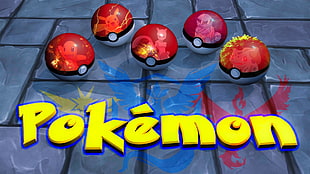 five Pokemon poke balls, Pokemon Go, Cinema 4D, Photoshop, Pikachu HD wallpaper