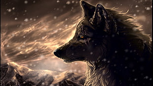 black wolf near mountain digital wallpaper, wolf, scars, digital art