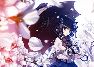 female character holding umbrella and cat digital wallapaper, animal ears, cat, umbrella, flowers