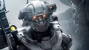 gray robot character digital wallpaper, digital art, science fiction, face, red eyes