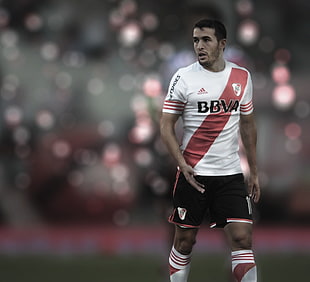 men's white and red soccer jersey, River Plate, Mayada, bokeh, soccer HD wallpaper