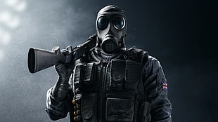 man wearing gas mask and holding rifle digital wallpaper