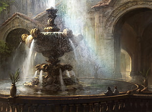 gray manmade fountain illustration, painting, fountain, Magic: The Gathering, Adam Paquette