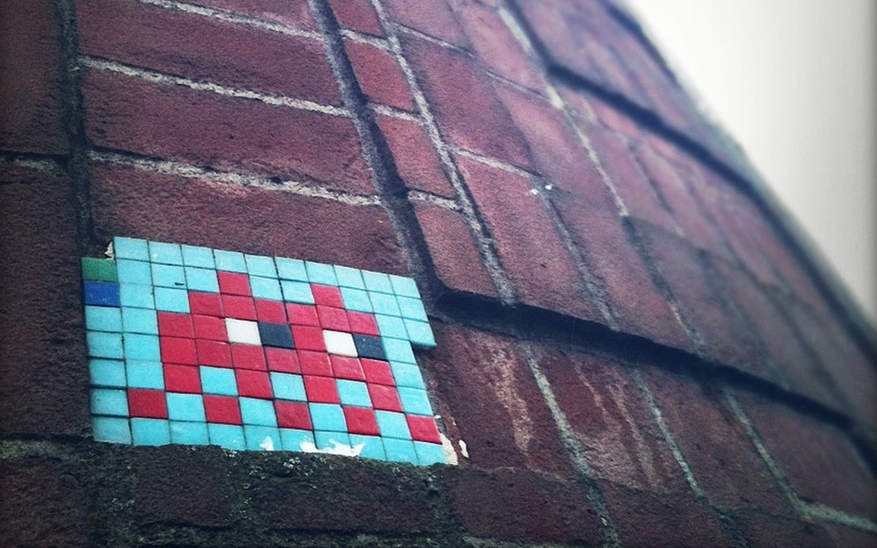 blue, red, and white area rug, square, wall, bricks HD wallpaper