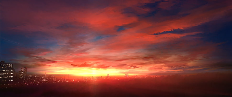 gray buildings, landscape, anime, sunset, clouds HD wallpaper