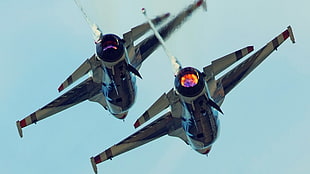 two gray jet planes, General Dynamics F-16 Fighting Falcon, jet fighter, aircraft, military aircraft
