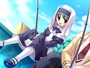 green haired anime nun with fishing rod