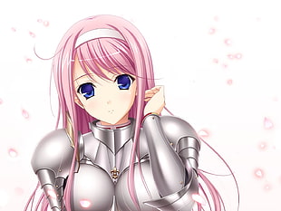 female anime character with pink long hair wearing silver armor suit