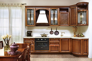 brown wooden kitchen cabinet HD wallpaper
