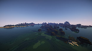 aerial view of island during daytime, Minecraft, lava, water, Sun