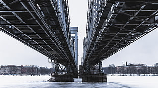two gray bridge, train, road, technology, bridge