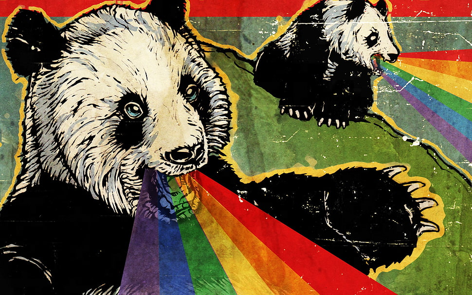Panda with rainbow digital wallpaper, rainbows, panda HD wallpaper