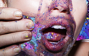 blue, pink, and yellow glitters, Miley Cyrus, colorful, glitter, album covers