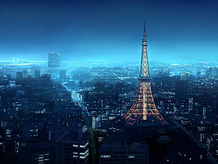 Eiffel Tower, Paris, city, blue, night