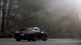 black coupe, car, Nissan, Nissan GTR, road