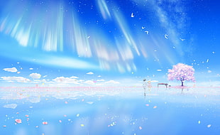 cherry blossom illustration, piano, cherry blossom, birds, clouds