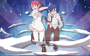 red-haired female anime character beside blue-haired male character