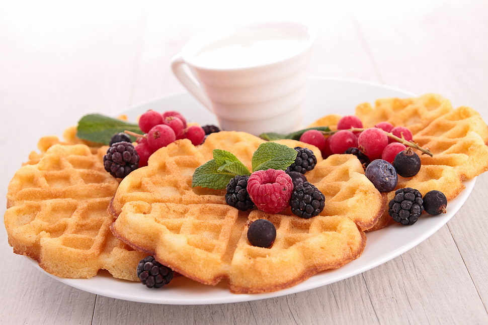 waffle with cherry on white ceramic plate HD wallpaper