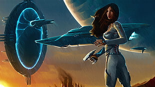 female character holding gun illustration, artwork, science fiction