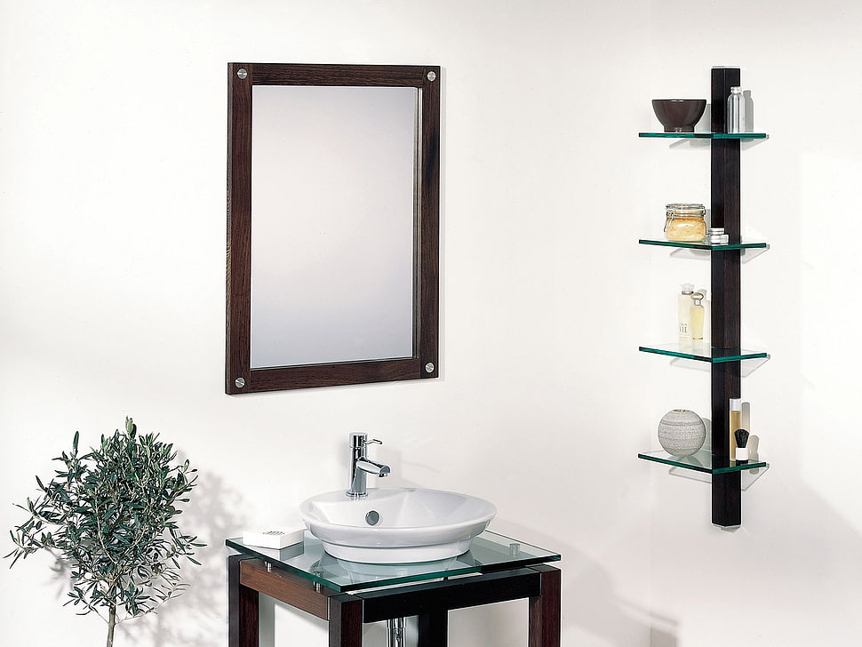 rectangular wall mirror with brown wooden frame HD wallpaper