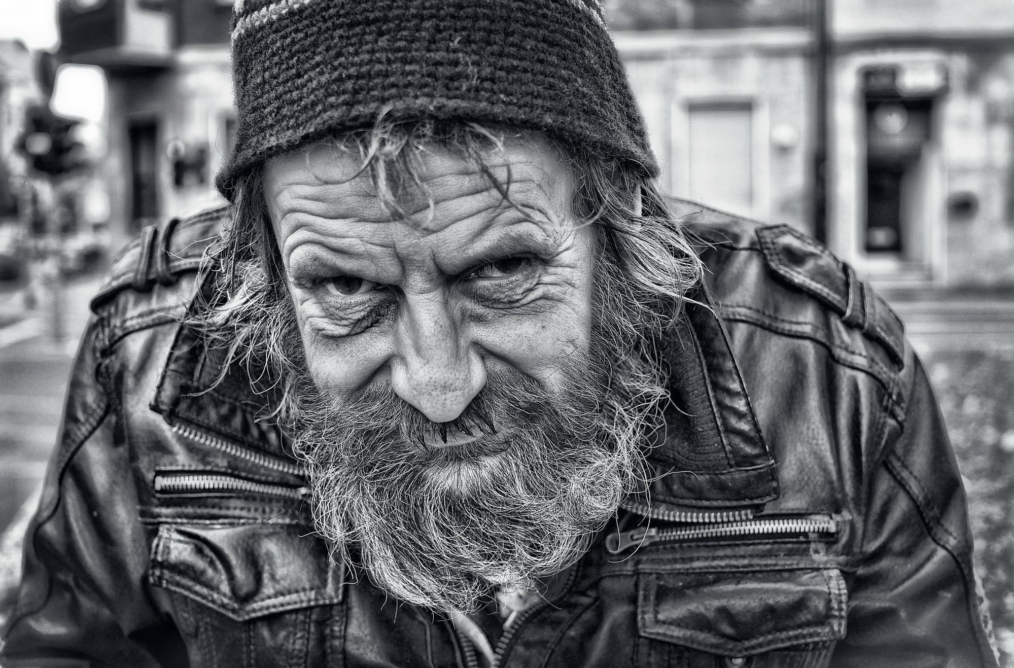 black leather zip-up jacket, old people, men, wrinkled face, monochrome