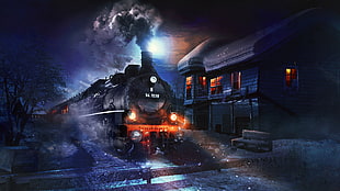 illustration of steam train beside house