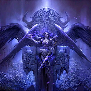 female angel holding sword sitting on chair digital wallpaper, angel, warrior, skull, death