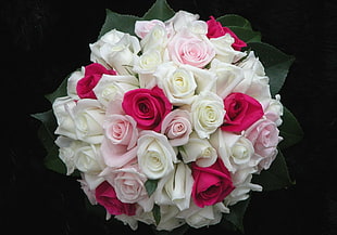 white, pink, and red roses bouquet