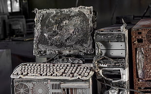 burned computer, computer, fire, melted, plastic