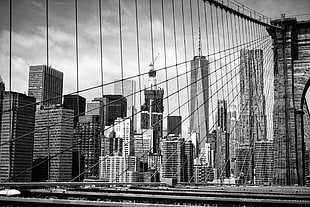 grayscale photo of buildings, cityscape, Brooklyn Bridge, monochrome, USA