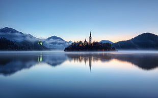 brown and white castle, lake, tower, Slovenia, landscape
