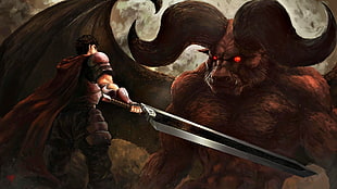 man holding sword facing beast painting, Berserk, Guts, nosferatu zodd, sword