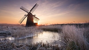 wind mill near river, sunset, winter, windmill, Netherlands HD wallpaper