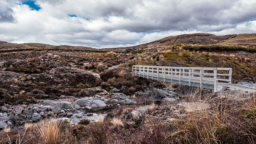 white bridge near mountain cliff high-angle photo HD wallpaper