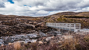 white bridge near mountain cliff high-angle photo