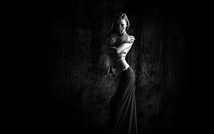 woman with black dress digital wallpaper, monochrome, digital art, face, horror